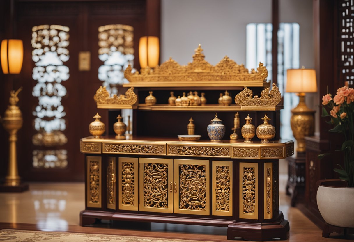 A traditional Chinese altar with intricately carved wooden furniture, adorned with ornate gold accents, sits in a serene Singaporean home