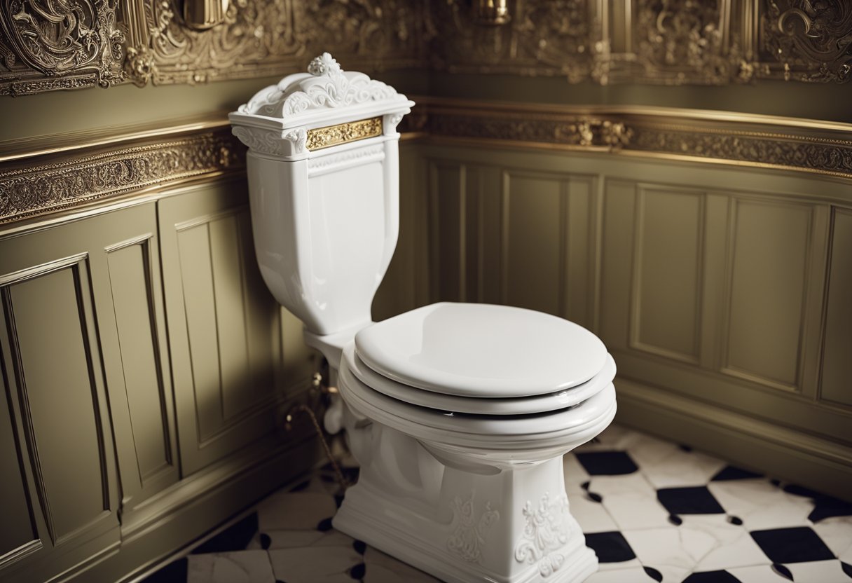 A Victorian toilet with innovative features, such as a pull-chain flush and ornate detailing, exudes functionality and elegance