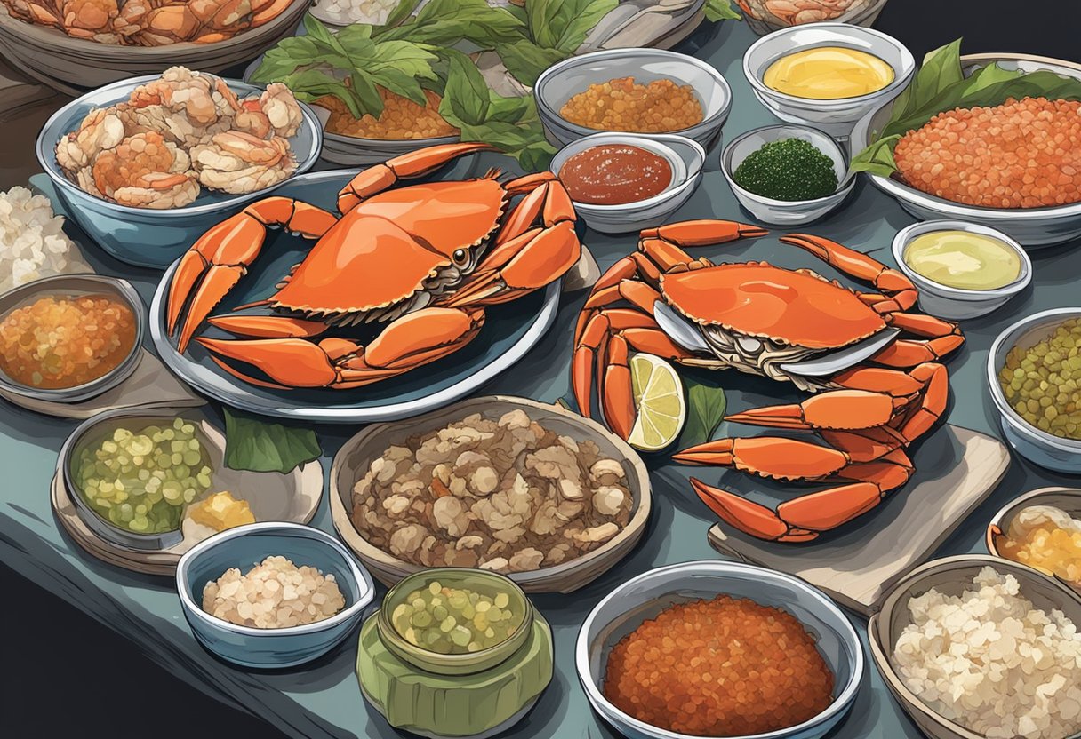 A table with a plate of raw crab, accompanied by condiments and utensils, in a bustling Singapore seafood market