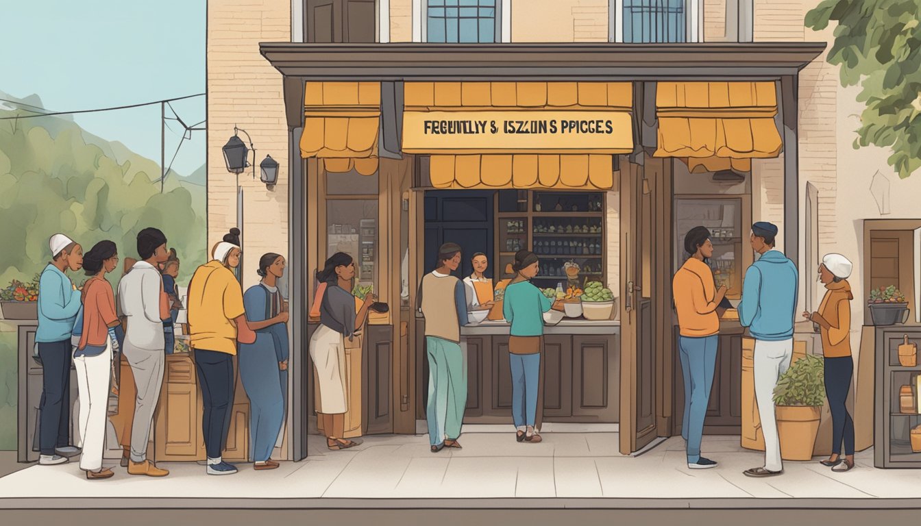 Customers line up at the entrance of Pangium restaurant, reading a sign that says "Frequently Asked Questions." The aroma of sizzling spices fills the air