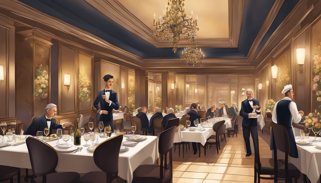 A bustling restaurant with elegant decor and dim lighting. Tables are set with fine china and glowing candles. A sommelier expertly pours wine for diners, while a chef prepares exquisite dishes in the open kitchen