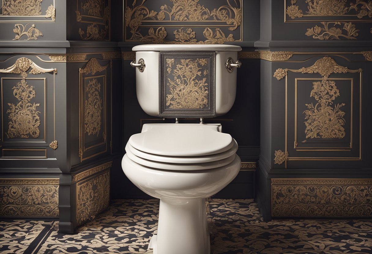 A Victorian-style toilet with ornate floral patterns and intricate metalwork, featuring a high-backed cistern and decorative pull chain
