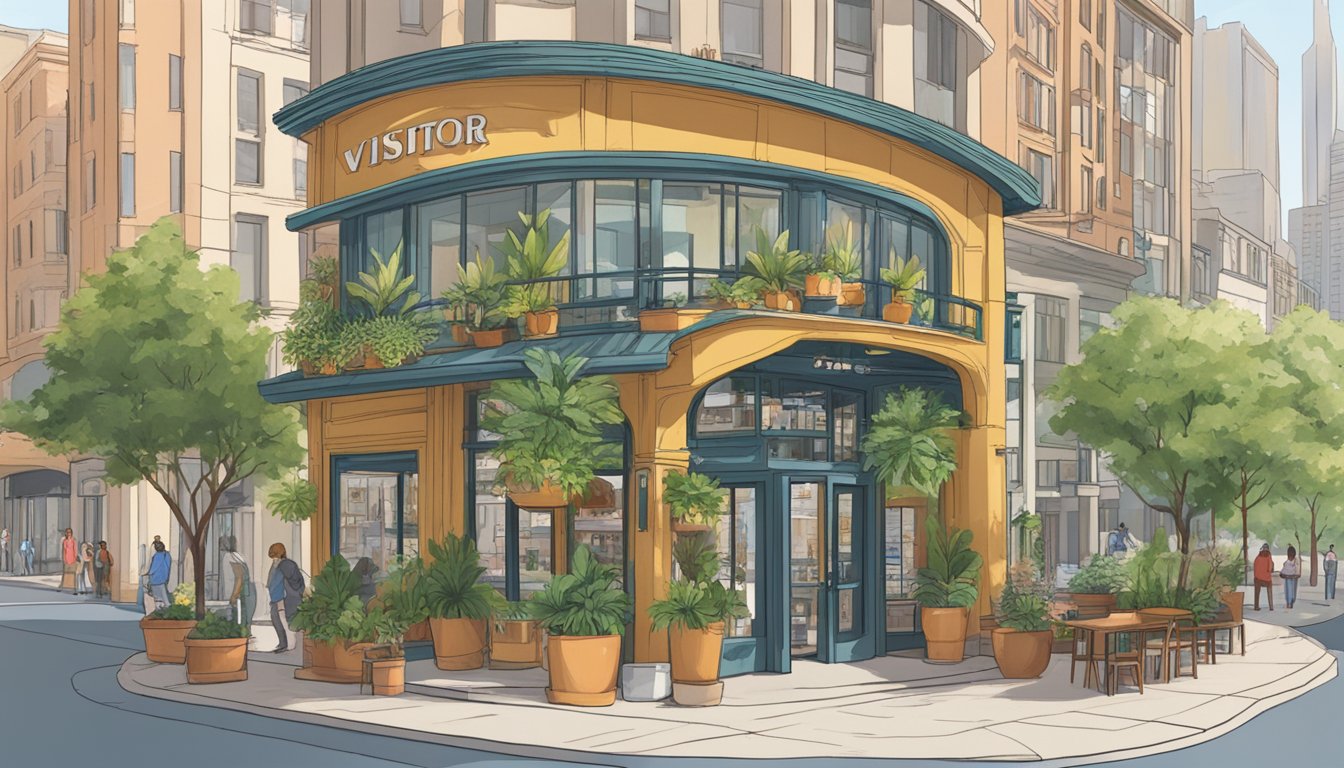 The arch-shaped restaurant stands tall, with a sign displaying "Visitor Information" in bold letters. The entrance is flanked by potted plants, and the building is surrounded by a bustling cityscape
