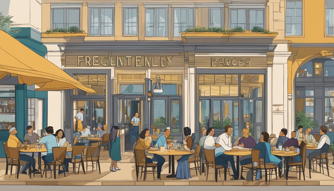 The arch restaurant, bustling with customers, features a sign displaying "Frequently Asked Questions" in bold letters. Tables are filled with diners enjoying their meals while waitstaff attend to their needs