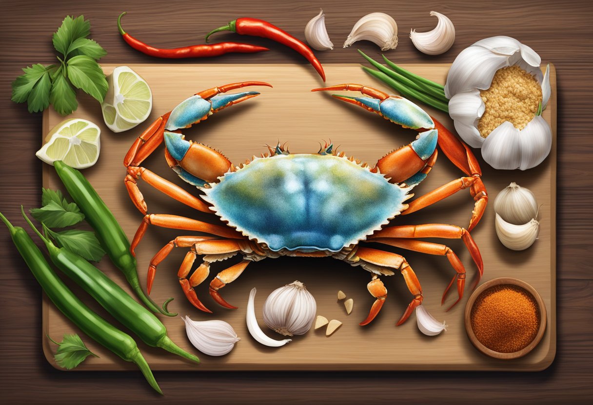 A live crab on a cutting board surrounded by ingredients like garlic, ginger, and chili peppers