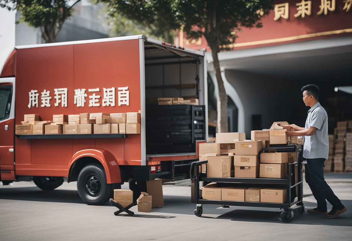 A customer selects from various Chinese altar furniture options while a delivery person unloads a truck in the background