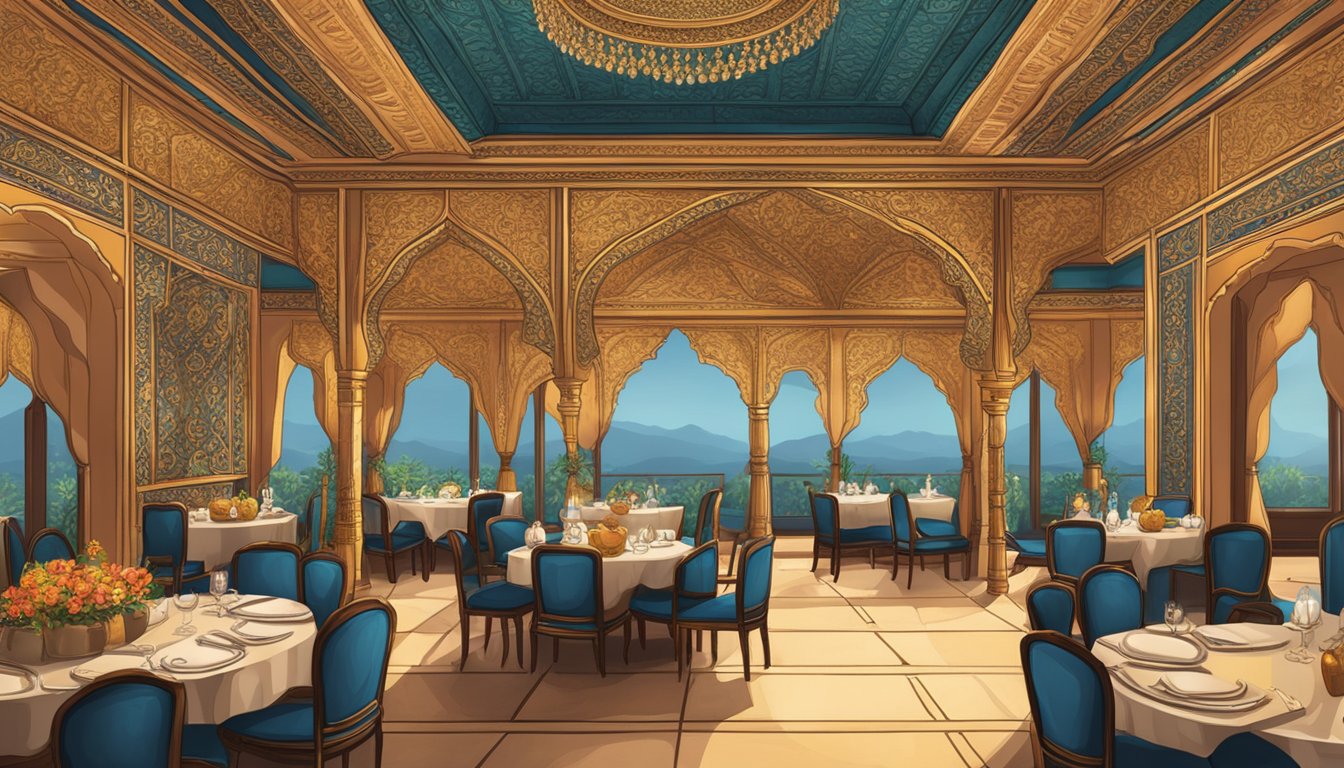A grand, ornate interior with intricate Indian decor and elegant dining settings at Rang Mahal fine dining Indian restaurant