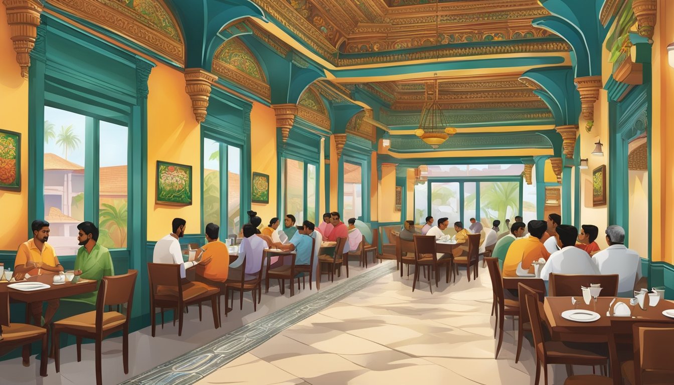 The bustling Anandham Chettinad restaurant, with colorful decor and aromatic spices, filled with diners enjoying traditional South Indian cuisine