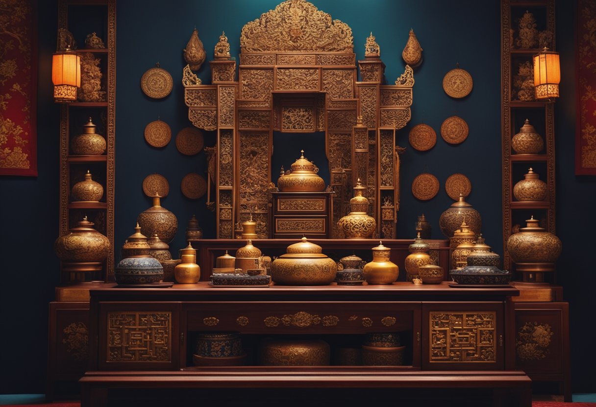 A traditional Chinese altar with ornate wooden furniture and intricate carvings, adorned with burning incense and offerings, set against a backdrop of richly colored tapestries