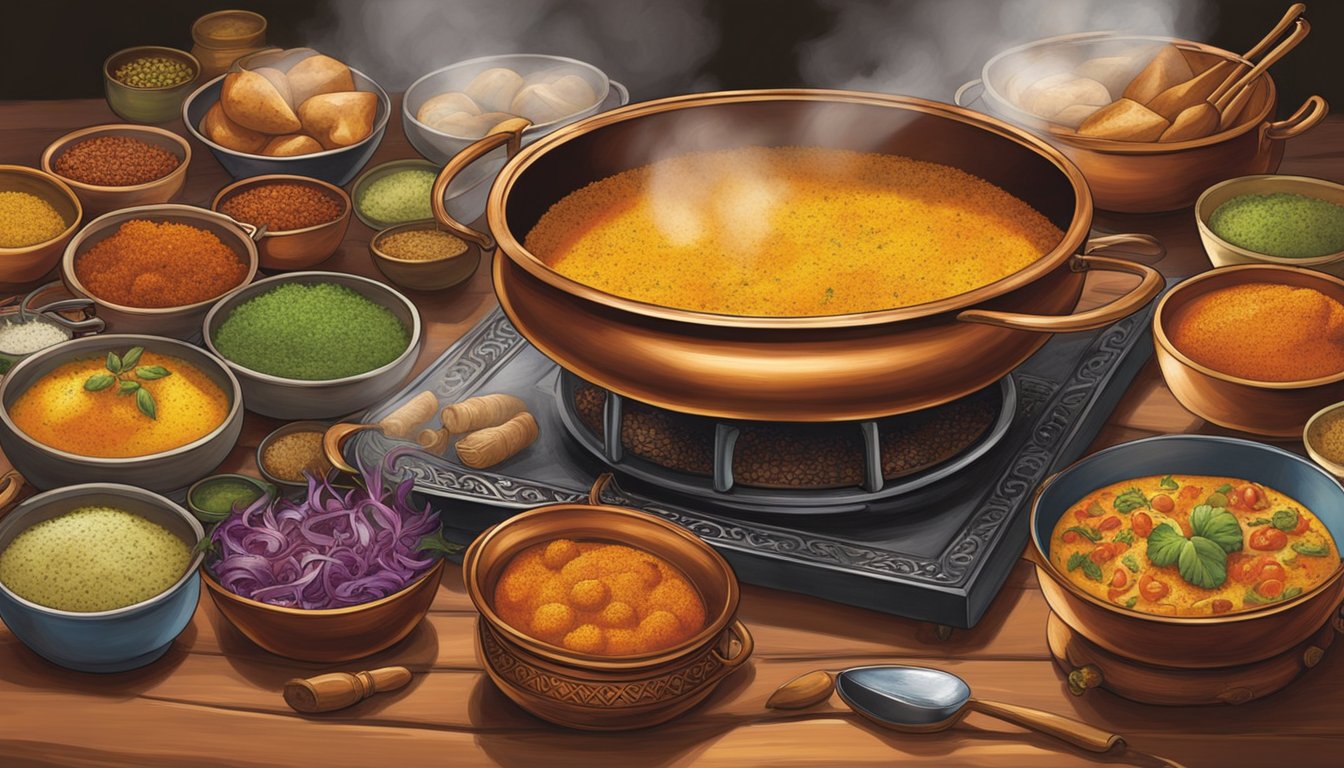 Vibrant spices sizzle in a copper pot, while fragrant naan bread puffs in a tandoor oven. Rich, colorful curries simmer on the stove, filling the air with mouthwatering aromas