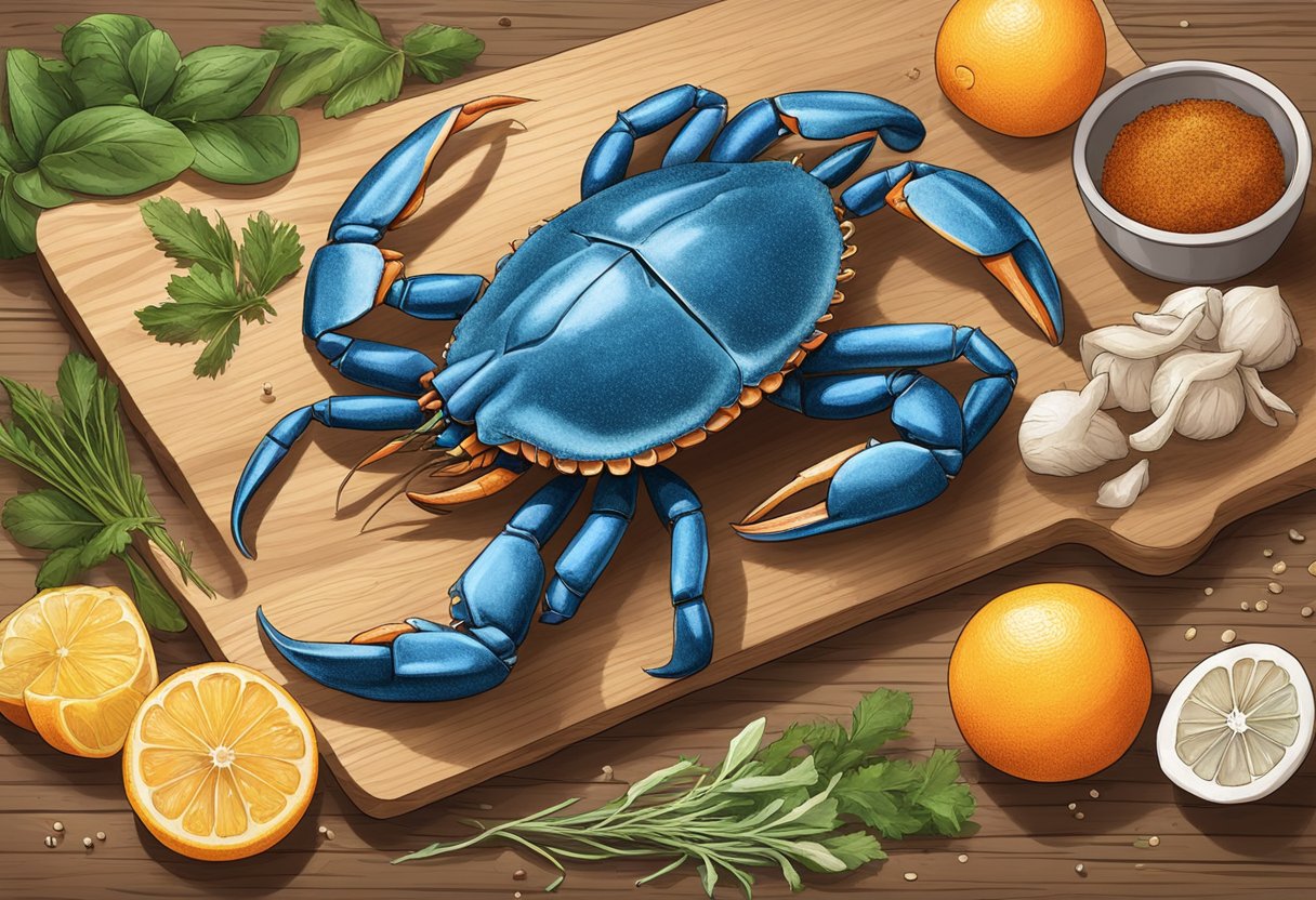 Crabs being cleaned and seasoned on a wooden cutting board. Ingredients like herbs, spices, and citrus are laid out nearby