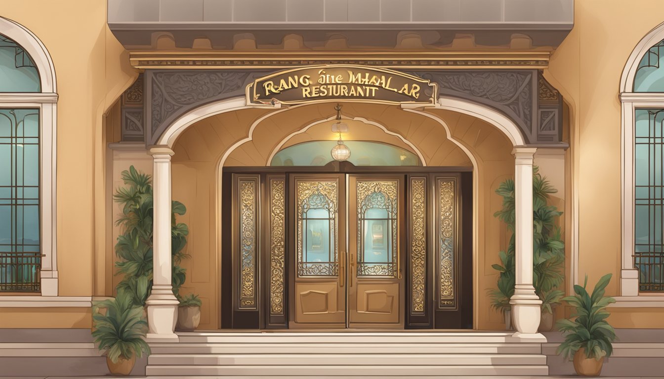 A grand entrance with ornate arches and a sign reading "Rang Mahal Fine Dining Indian Restaurant." A reservation desk with a welcoming hostess