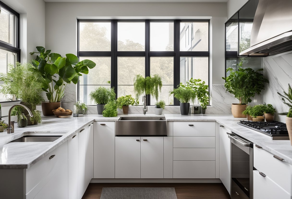 A modern kitchen with sleek white cabinets, marble countertops, and stainless steel appliances. A large window lets in natural light, and a potted herb garden sits on the windowsill