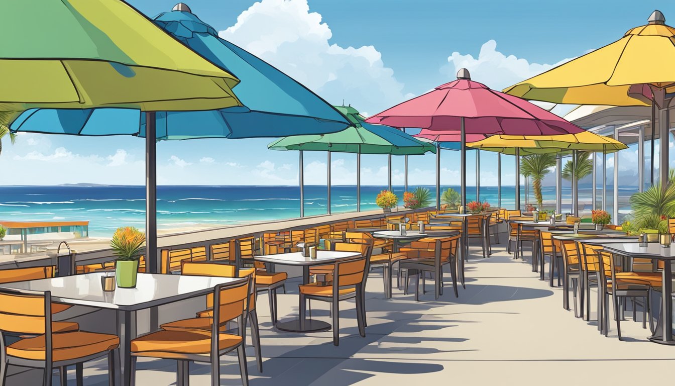 A beach road restaurant with colorful umbrellas, outdoor seating, and a view of the ocean