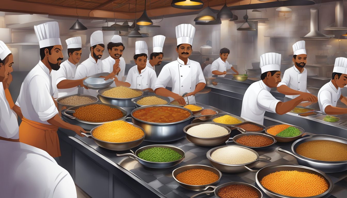 A bustling Chettinad restaurant with aromatic spices, sizzling pans, and colorful dishes being prepared by skilled chefs