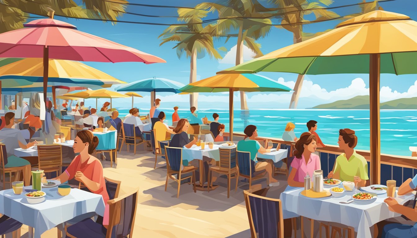 A bustling beachfront restaurant with colorful umbrellas, tables filled with delicious dishes, and happy diners enjoying the ocean view