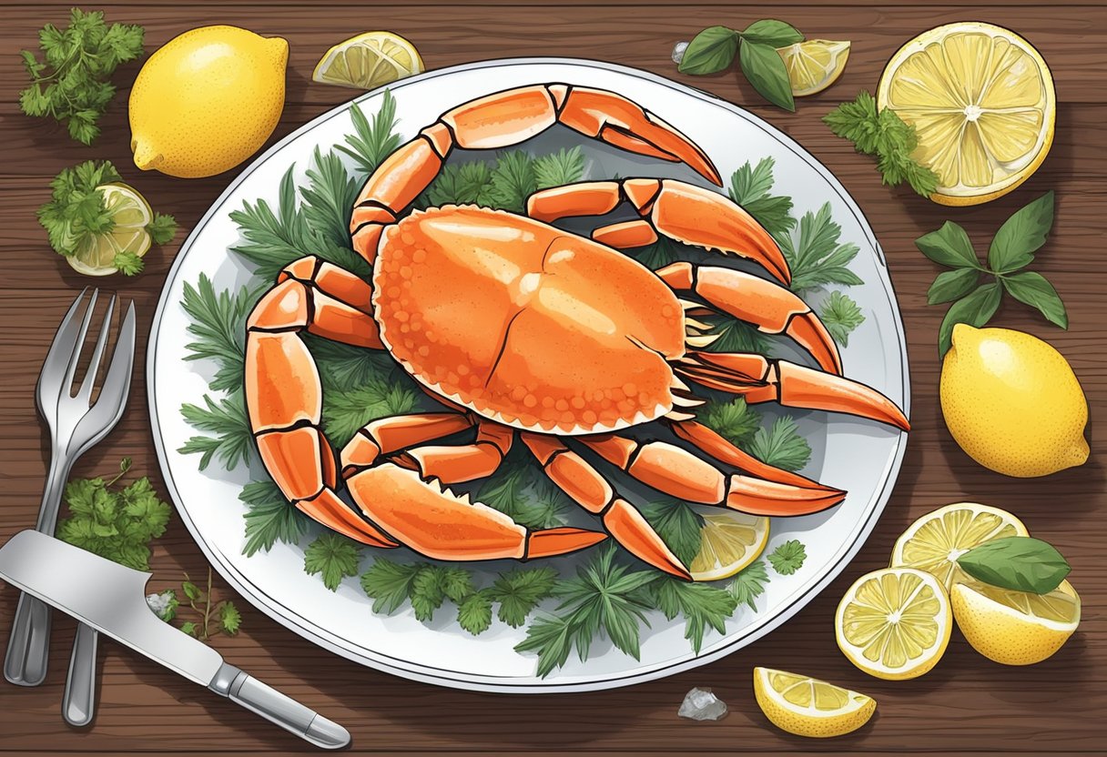 Crab legs soaking in a bowl of marinade, surrounded by sliced lemons and herbs. A platter with ice ready for serving