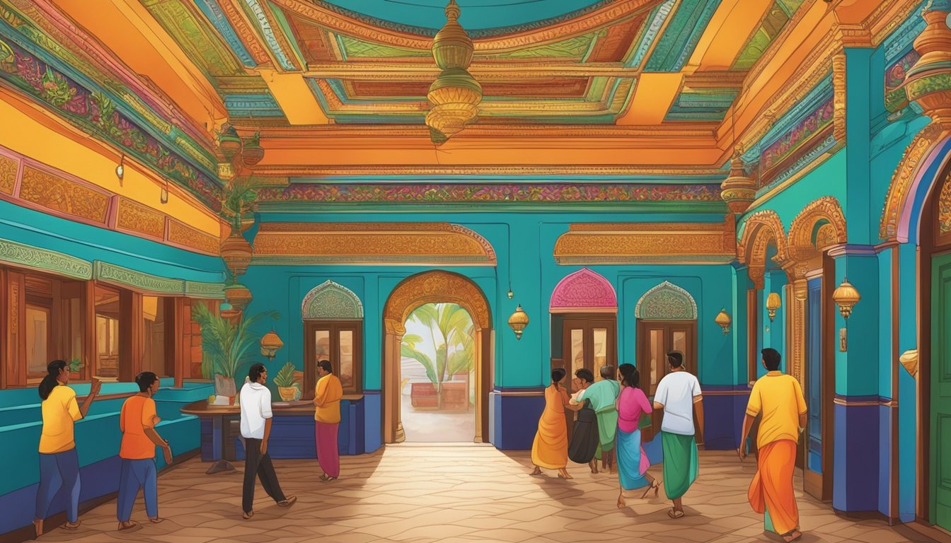 Customers entering a vibrant, ornately decorated Chettinad restaurant with traditional South Indian architectural elements and colorful murals