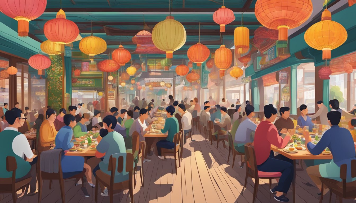 A bustling vegetarian restaurant in Chinatown, with colorful decor and aromatic dishes being served to a diverse group of diners