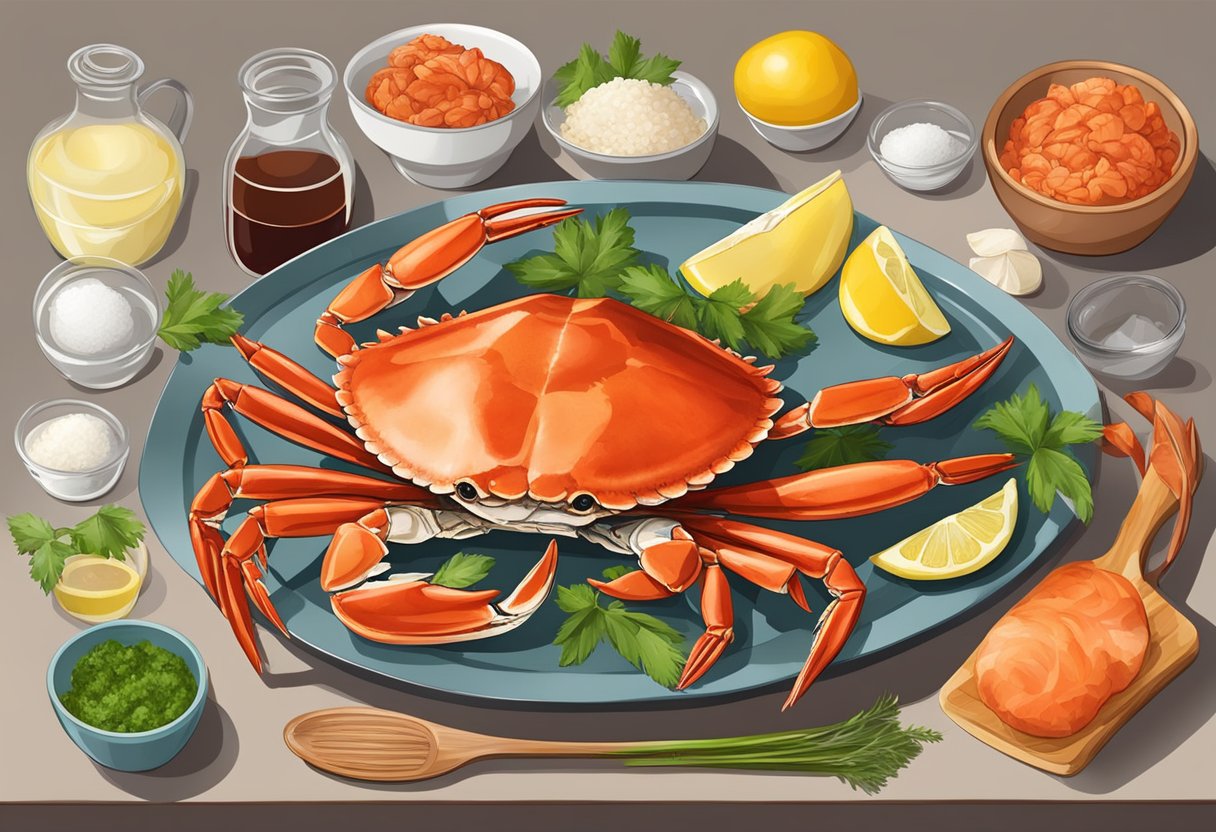 A table with ingredients and utensils for preparing raw crab recipe
