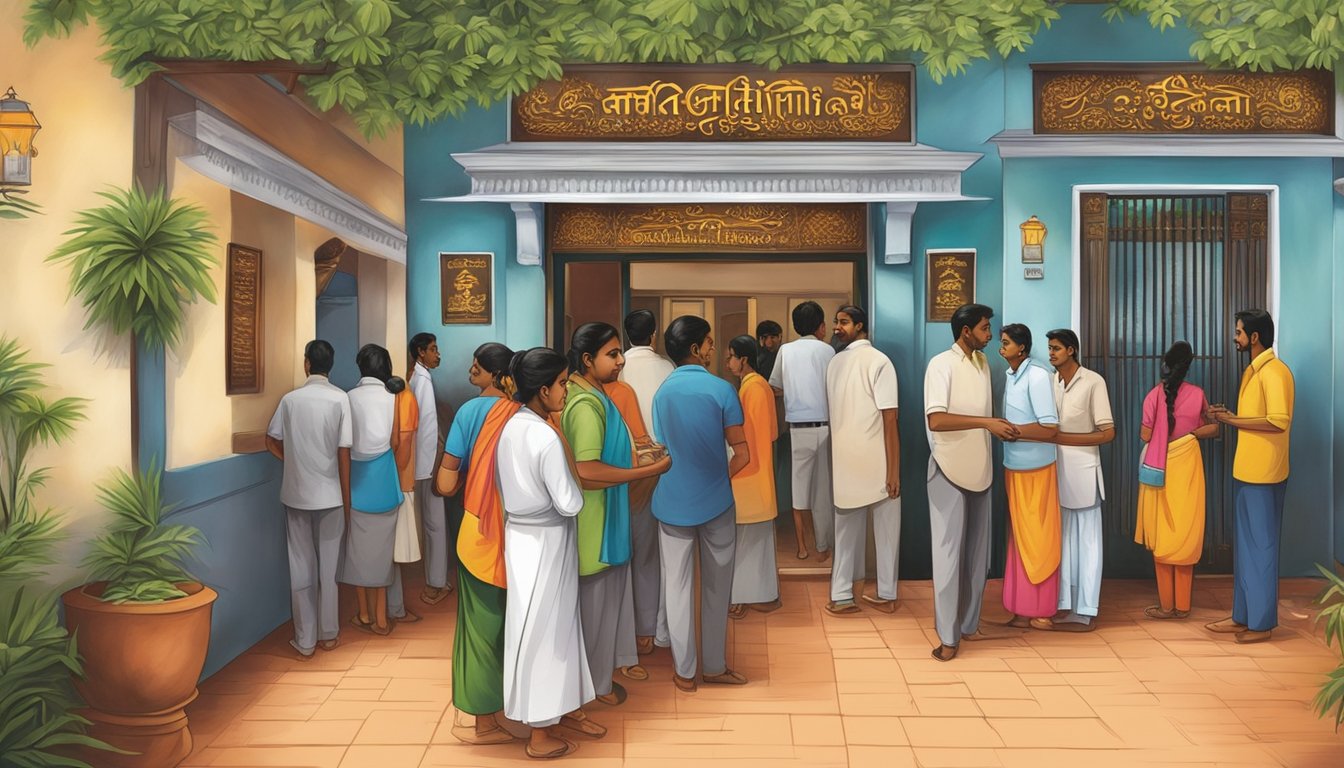 Customers line up at the entrance of Anandham Chettinad restaurant, while others enjoy their meals inside. The aroma of spices fills the air as waiters bustle around serving delicious South Indian dishes
