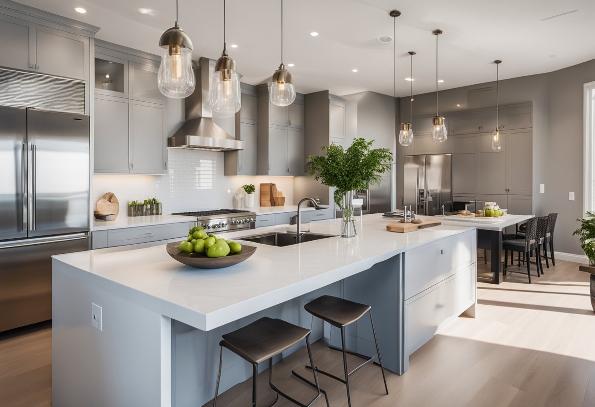 A spacious, modern kitchen with sleek countertops, stainless steel appliances, and a large island for cooking and entertaining. Bright natural light floods the room, highlighting the clean lines and minimalist design