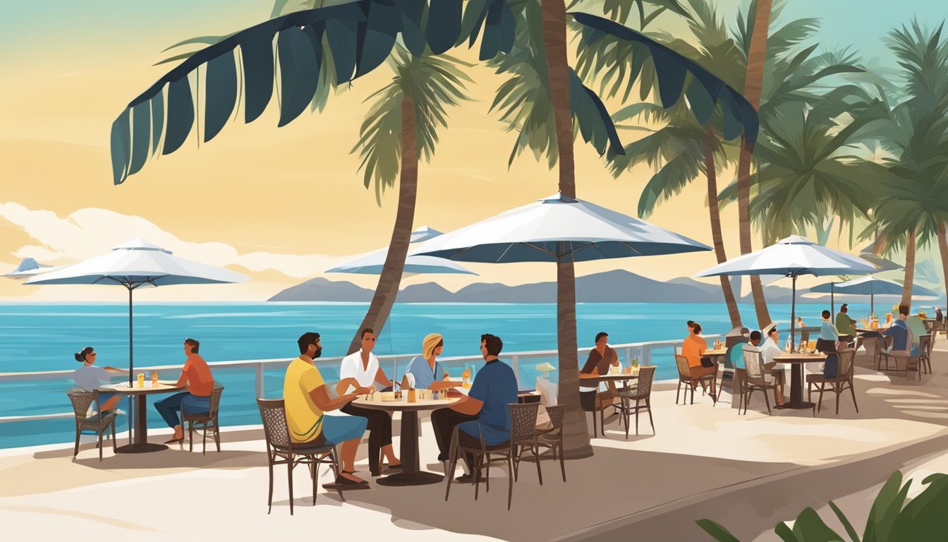 People sit at outdoor tables near the beach, enjoying food and drinks. The restaurant overlooks the ocean, with palm trees and umbrellas providing shade