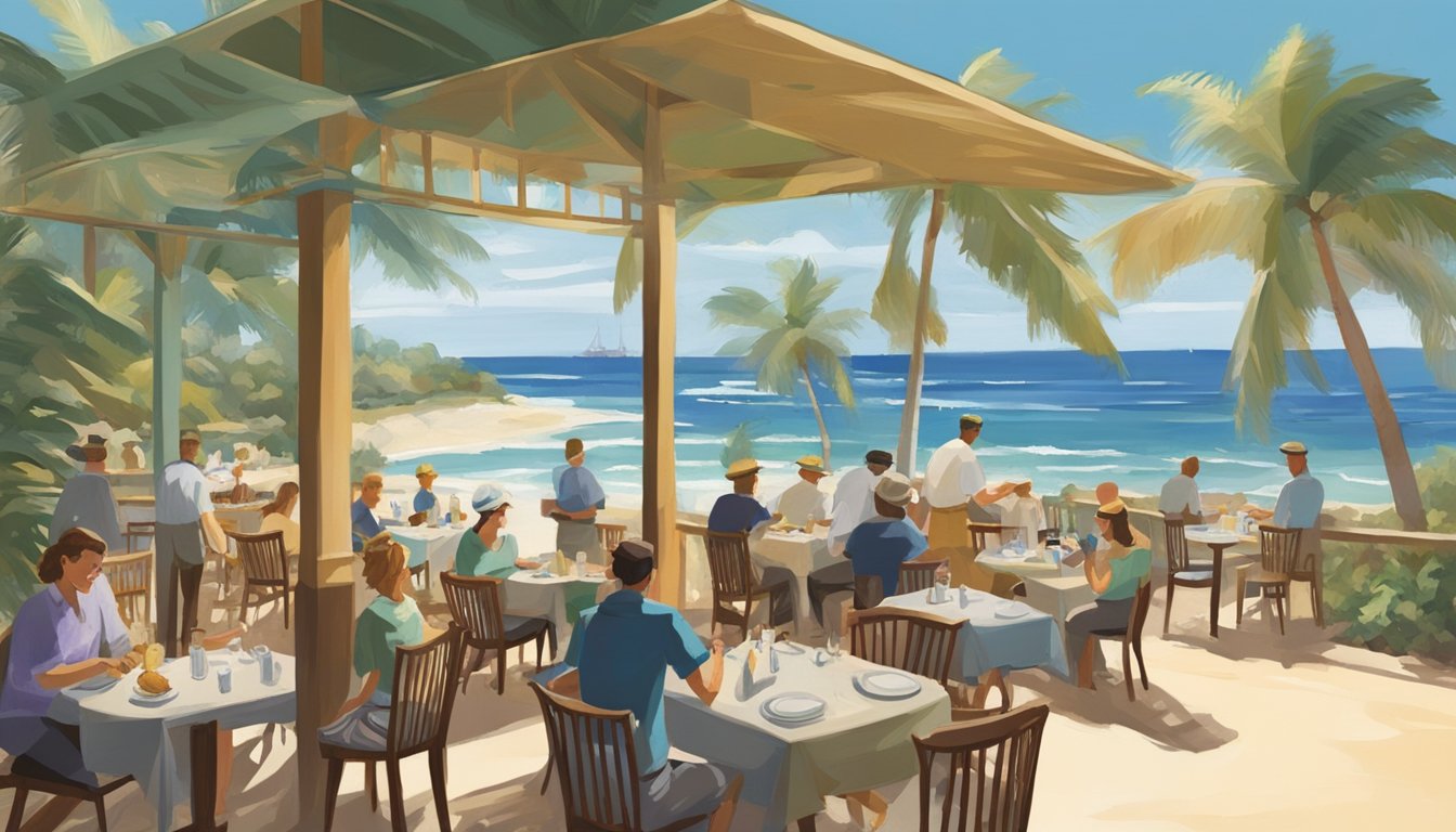 The beach road restaurant bustles with diners, the sound of crashing waves mixing with the clinking of cutlery. Palm trees sway in the gentle breeze, casting dappled shadows on the sandy path leading to the entrance