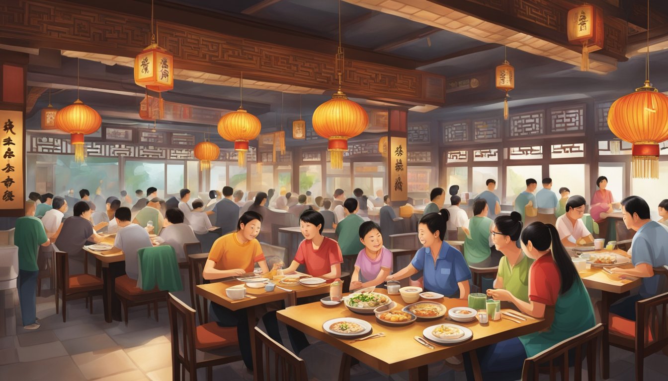 A bustling Xing Hua family restaurant, filled with the aroma of sizzling woks and the sound of clinking dishes, as diners eagerly await their traditional Chinese cuisine