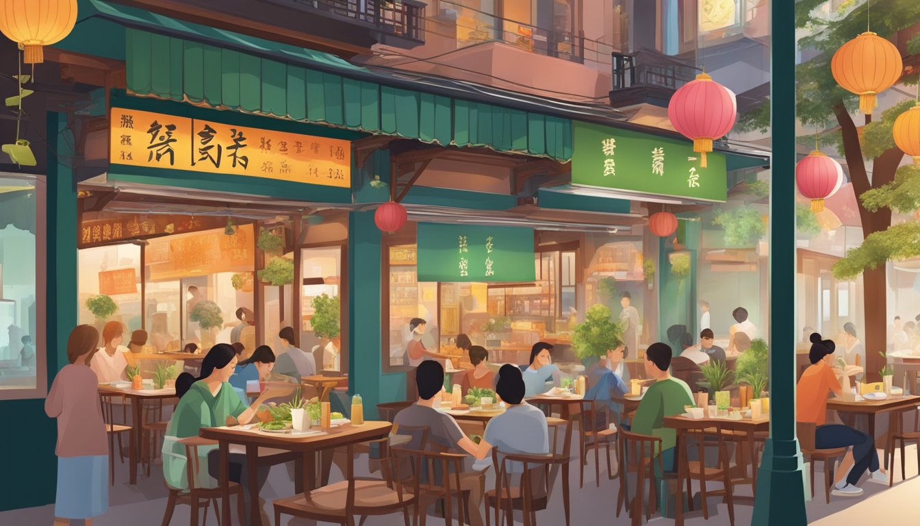 A bustling Chinatown vegetarian restaurant with colorful dishes and aromatic spices, as patrons savoring a variety of plant-based delicacies