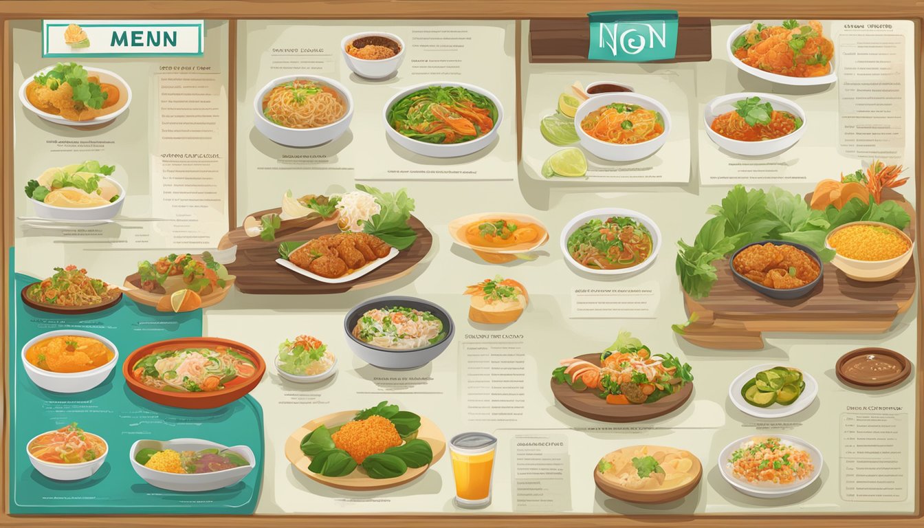 A colorful menu board displays the specialties of Ngon restaurant, featuring vibrant dishes and enticing descriptions