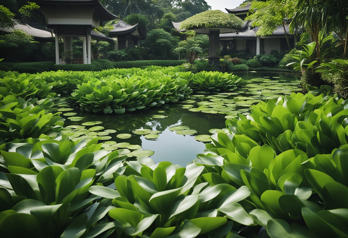 A serene Singaporean garden showcases elegant water hyacinth furniture by a tranquil pond