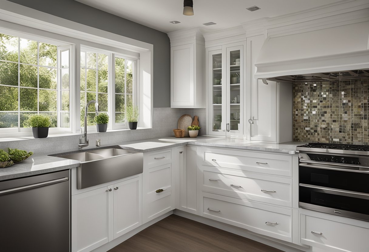 A 12x8 kitchen with an L-shaped counter, stainless steel appliances, white cabinets, and a large window overlooking a garden