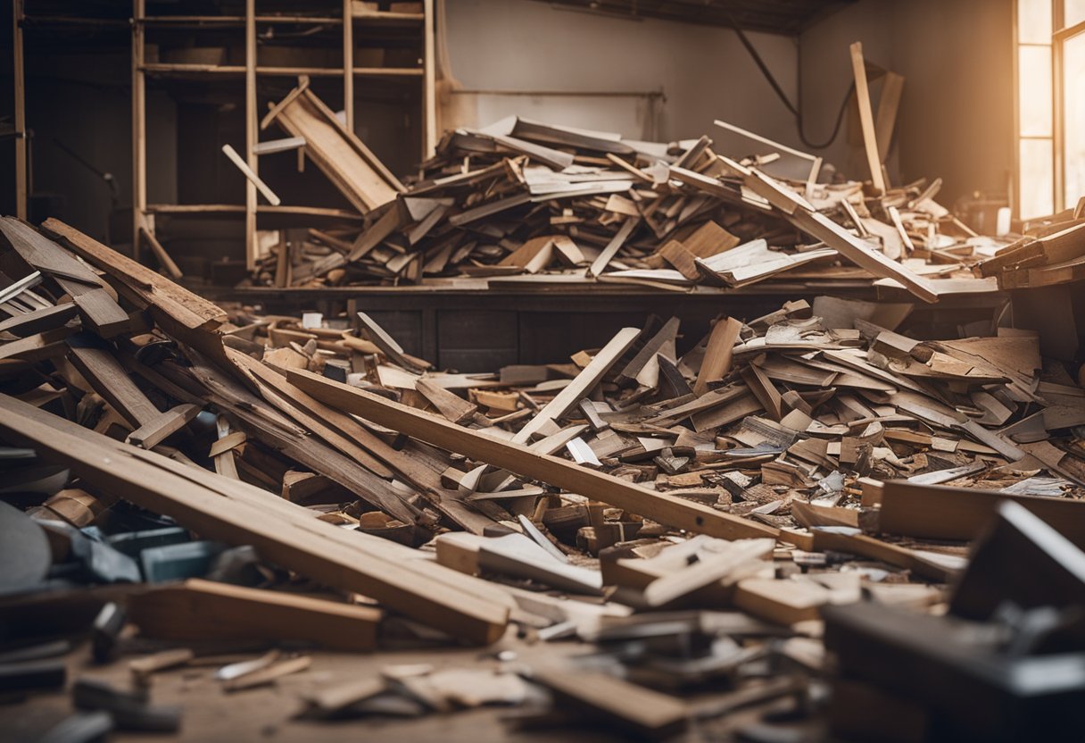 A pile of renovation debris fills the room, including broken boards, scattered nails, and discarded tools