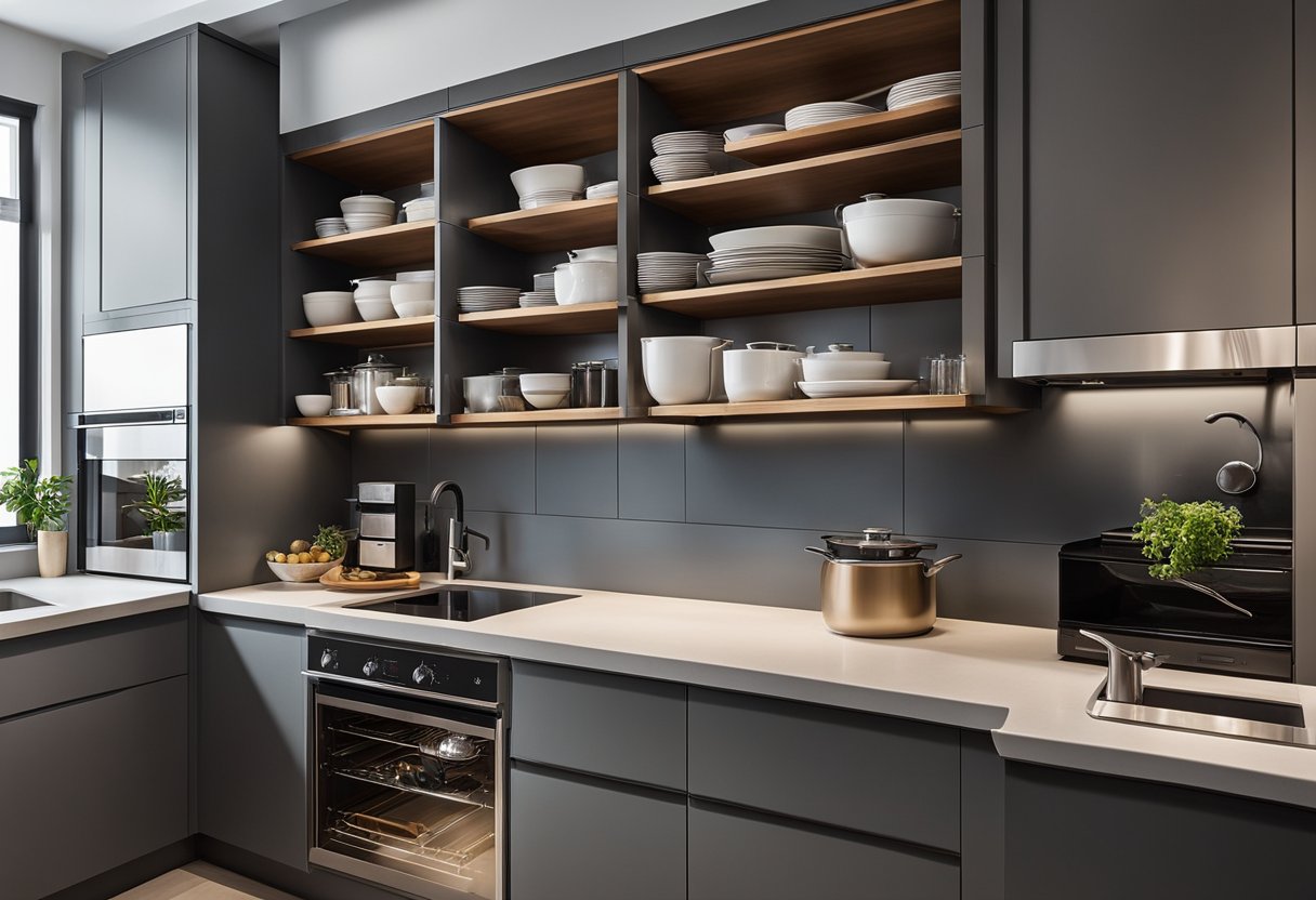 The 12x8 kitchen is organized with efficient storage solutions, including wall-mounted shelves and pull-out cabinets. The countertops are clutter-free, with only essential appliances and cookware neatly arranged