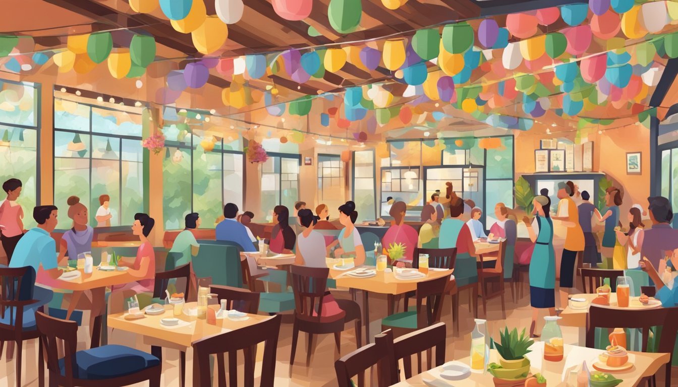 A bustling restaurant with colorful decor, filled with families enjoying delicious meals and lively conversation