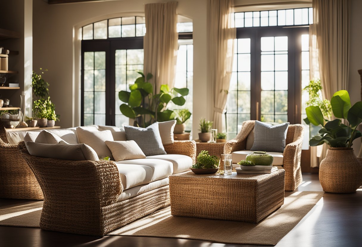 A cozy living room with a water hyacinth sofa, coffee table, and side chairs. The sunlight streams in through the window, casting a warm glow on the natural, woven textures of the furnishings