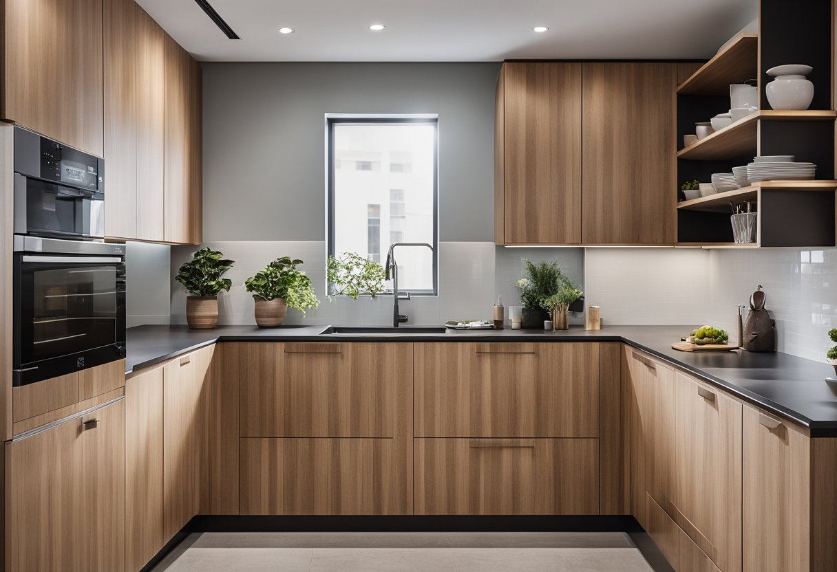 Wooden kitchen cabinets line the wall, featuring sleek modern designs with clean lines and minimalist hardware