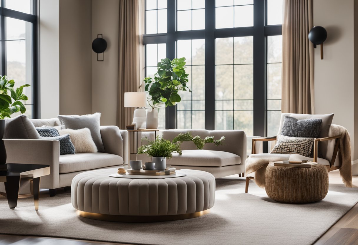 A cozy living room with a plush sofa, soft throw pillows, and a warm area rug. A sleek coffee table sits in the center, surrounded by stylish accent chairs. The room is bathed in natural light from large windows