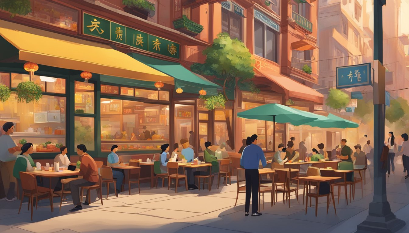 A bustling vegetarian restaurant in Chinatown, where diverse cultures come together, with vibrant decor and a warm, inviting atmosphere