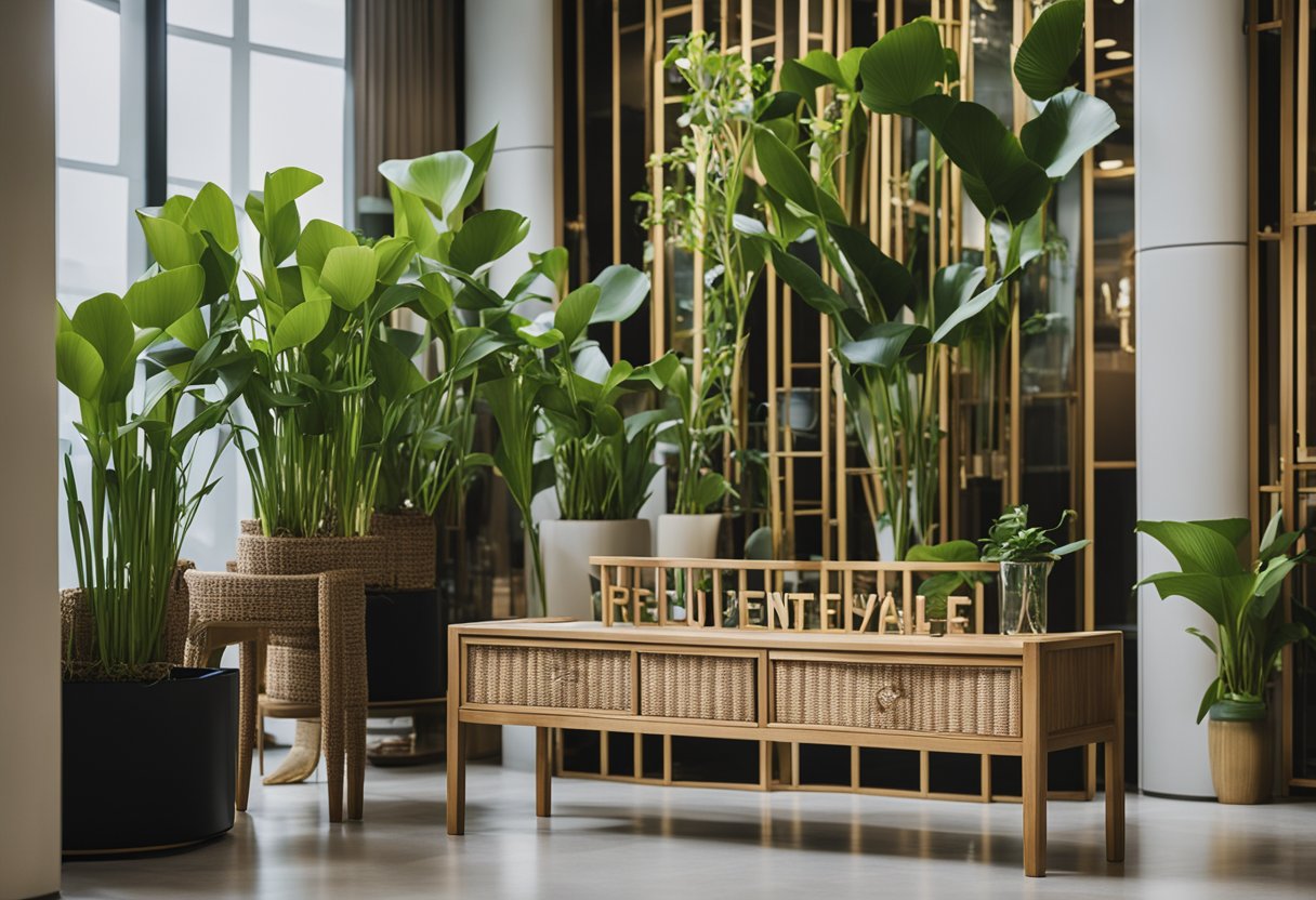 A serene setting with a water hyacinth furniture display in a Singapore showroom, accompanied by a sign reading "Frequently Asked Questions."