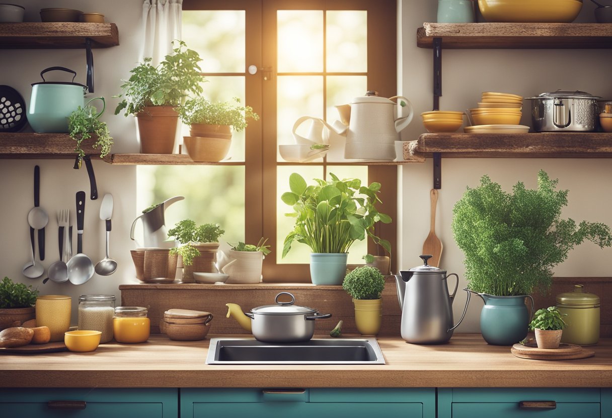 A bright, airy kitchen with colorful, patterned curtains, a rustic wooden table, and shelves adorned with vintage cookware and plants