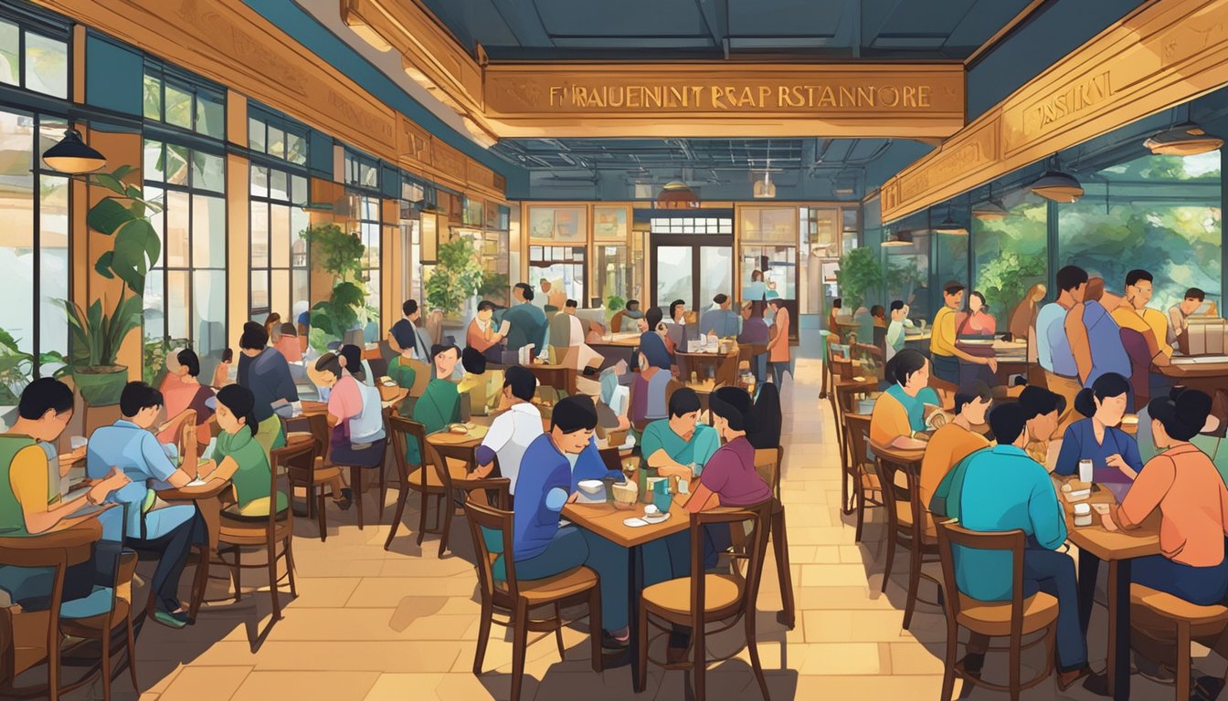 A bustling restaurant with tables filled with patrons, waitstaff moving briskly, and a vibrant atmosphere. The sign "Frequently Asked Questions pariaman restaurant singapore" is prominently displayed