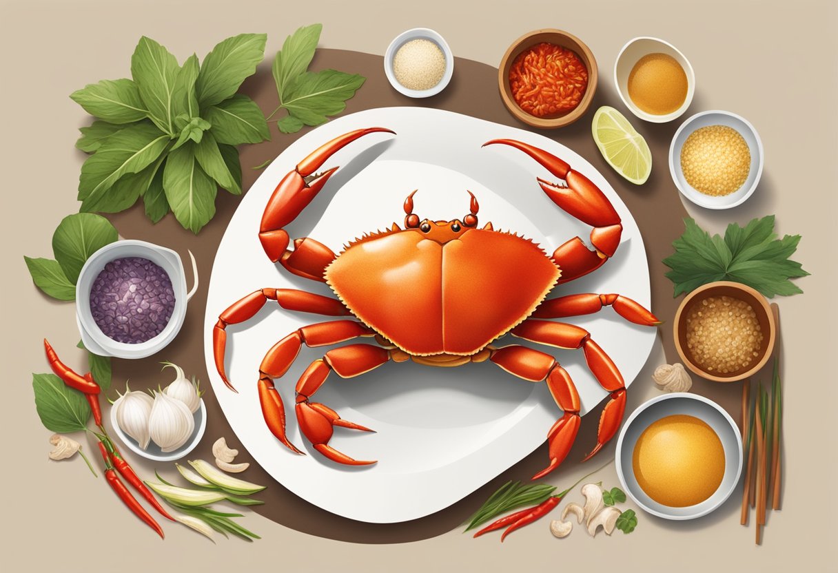 A live crab being prepared for a Singaporean recipe, surrounded by traditional ingredients like chili, garlic, and ginger