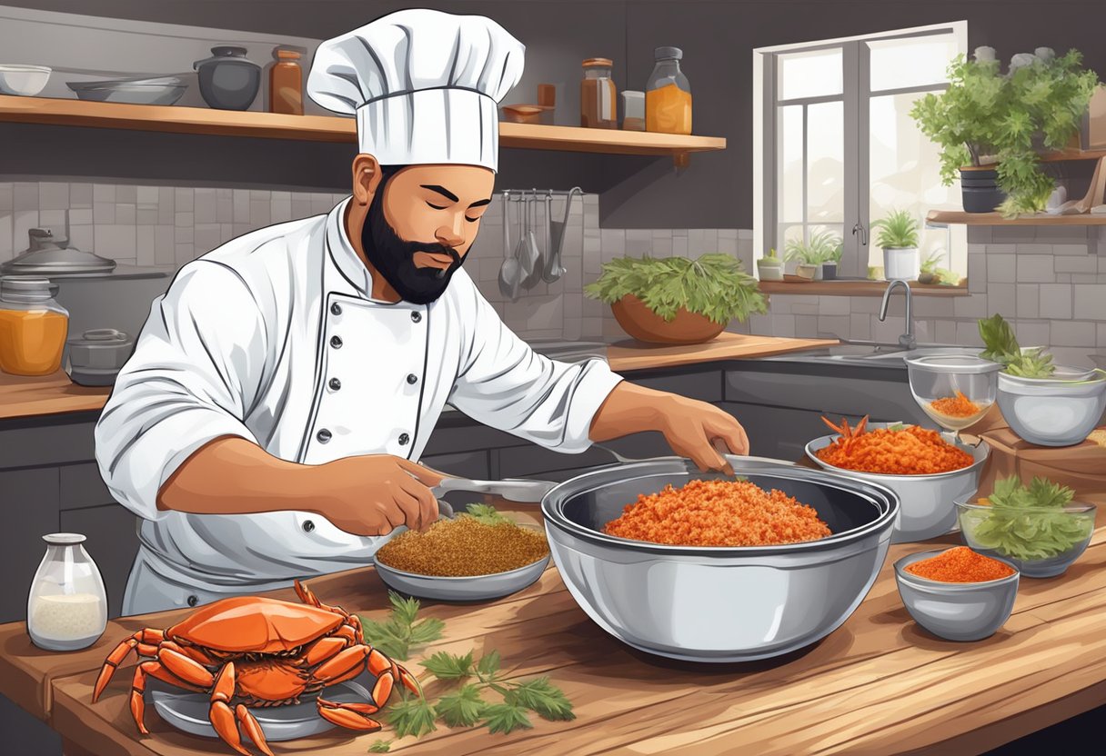 A chef cleans and chops a fresh crab, then mixes it with spices and sauces in a large bowl