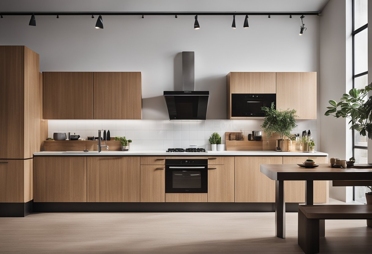 A kitchen with sleek, modern wooden cabinets, featuring clean lines and minimalist hardware