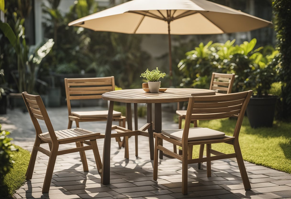 A sunny backyard with worn garden furniture in Singapore. Tables, chairs, and umbrellas show signs of use