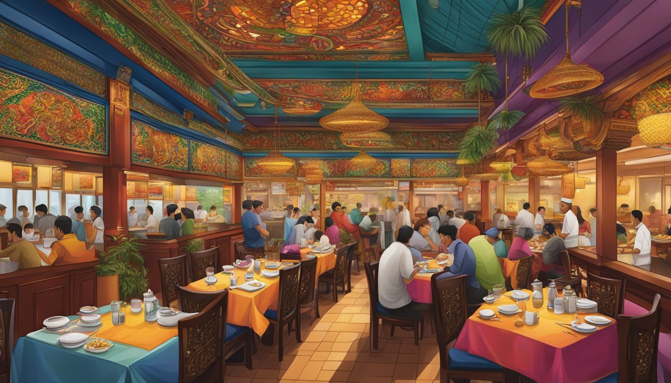 The bustling Shikar Restaurant in Singapore, filled with vibrant colors, exotic decor, and the aroma of sizzling spices
