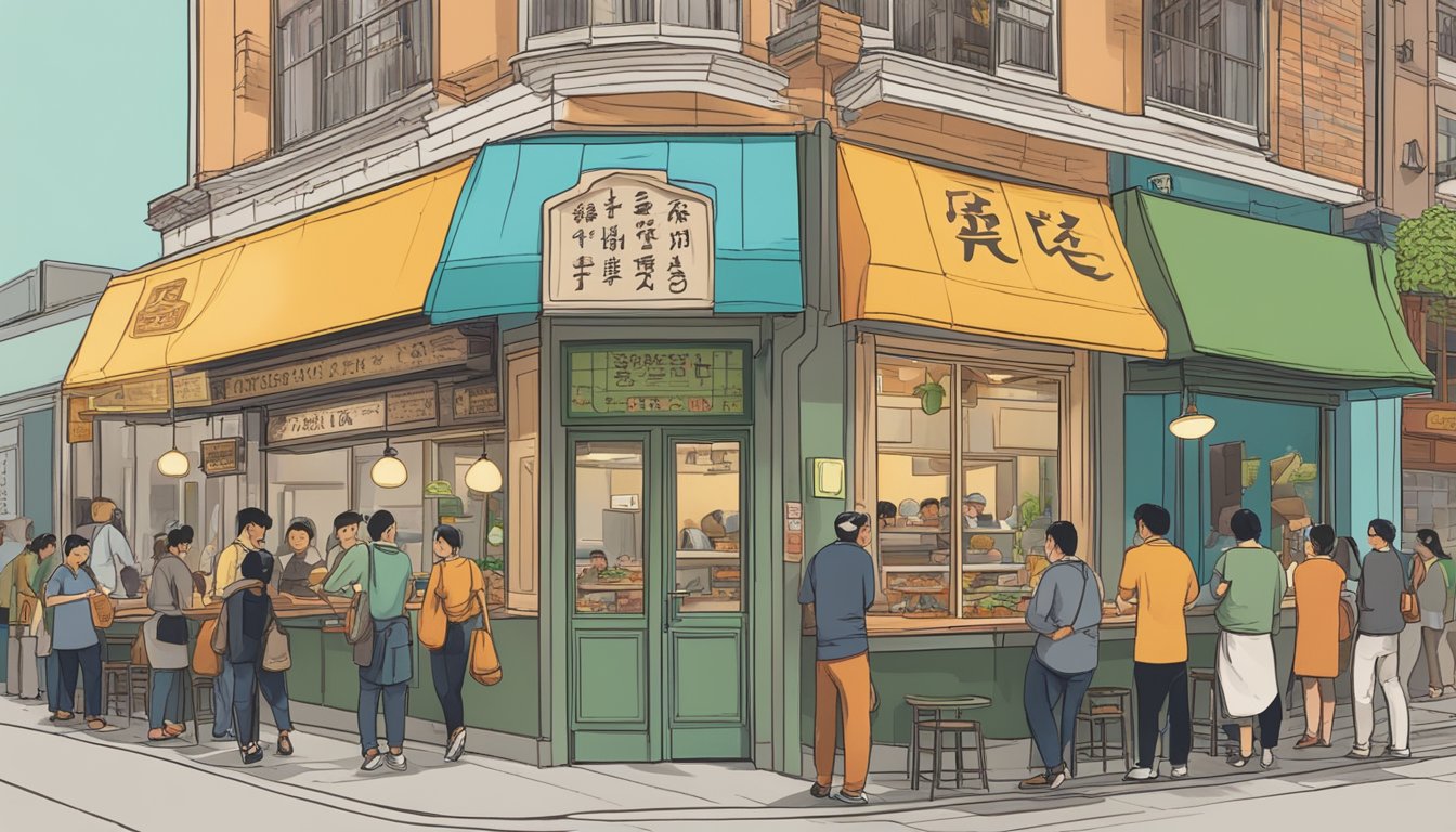 A bustling vegetarian restaurant in Chinatown, with a sign reading "Frequently Asked Questions" and a line of customers waiting outside