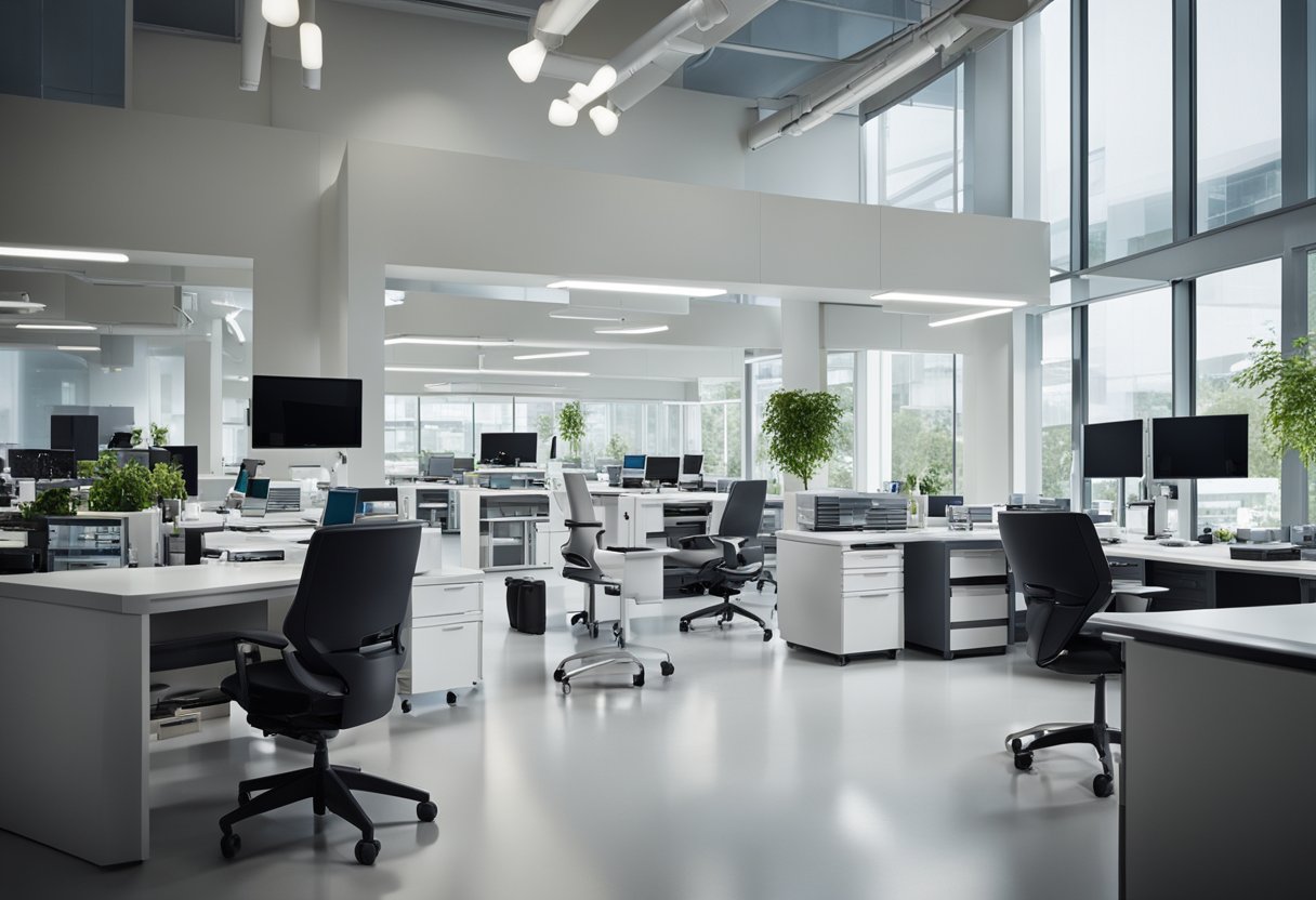 A modern lab office with sleek furniture, large windows, and plenty of natural light. The space is organized and clutter-free, with high-tech equipment and scientific instruments neatly arranged on the desks and shelves